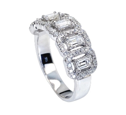 White gold emerald-cut diamond halo band, three-quarter view