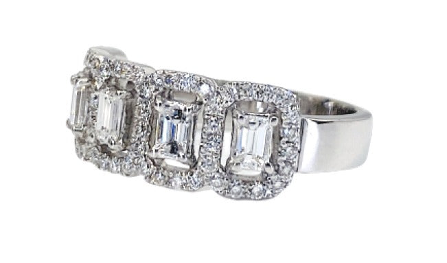 White gold emerald-cut diamond halo band, low angled view