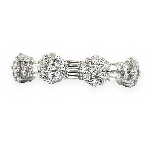 White gold diamond band with round diamond clusters and baguette accents