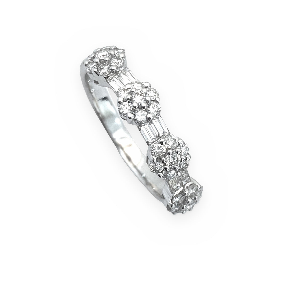 White gold diamond cluster and baguette band, three-quarter view