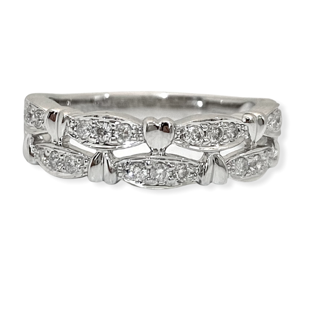 White gold double-row diamond band with marquise-shaped pave links