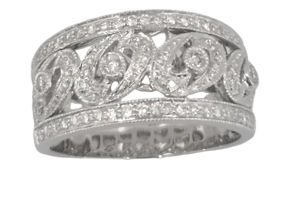 White gold wide diamond band with openwork scroll design and milgrain
