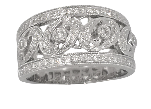 White gold wide diamond band with openwork scroll design and milgrain