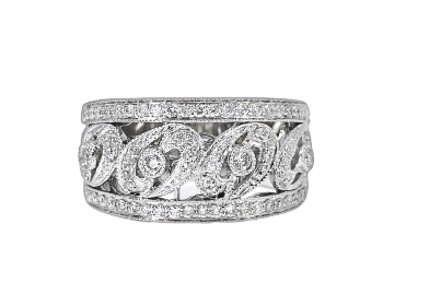 White gold openwork scroll diamond band, front view