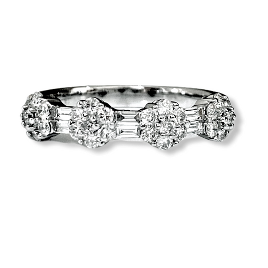 White gold diamond band with round diamond clusters and baguette accents