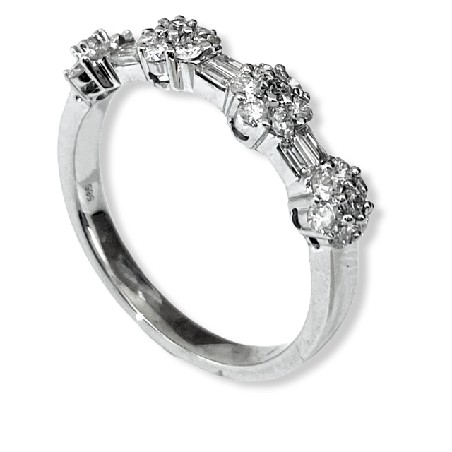 14K white gold diamond cluster band with baguettes, three-quarter view