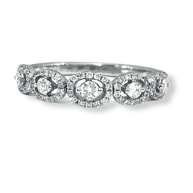White gold oval-halo diamond band, front view
