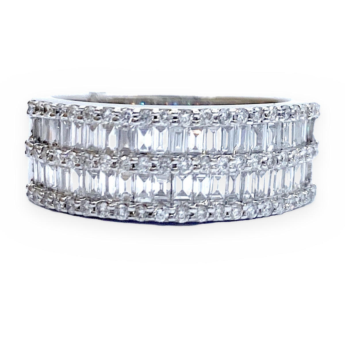 White gold wide band with baguette diamond center rows and pave edges