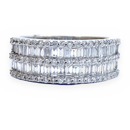 White gold wide band with baguette diamond center rows and pave edges