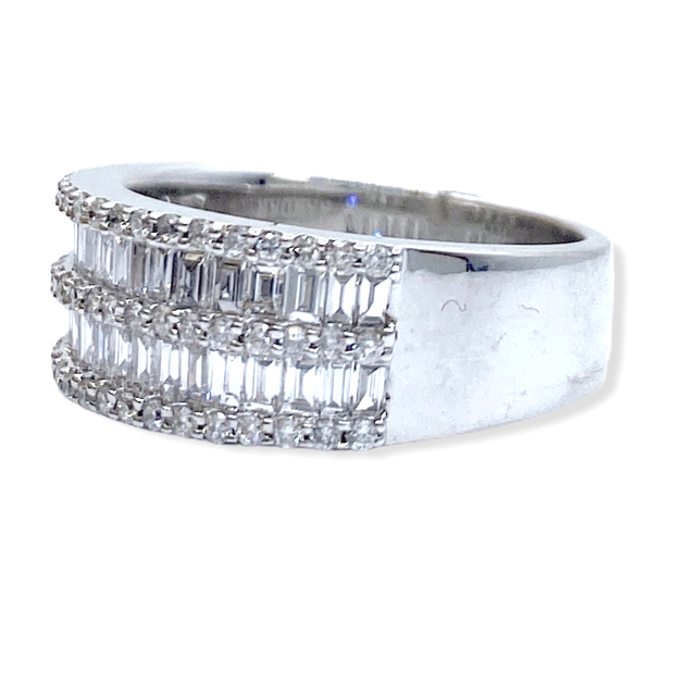 White gold baguette-and-pave diamond band, three-quarter view