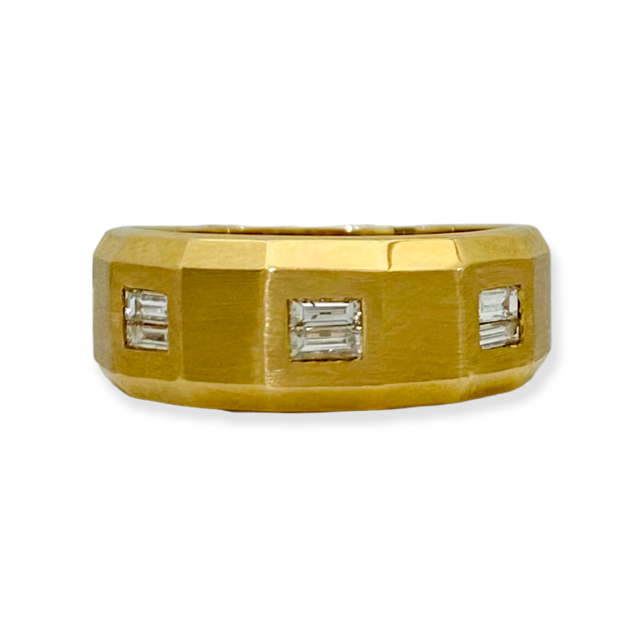 Brushed yellow gold men's band with flush-set baguette diamonds
