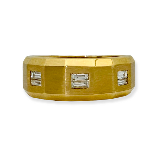 Brushed yellow gold men's band with flush-set baguette diamonds
