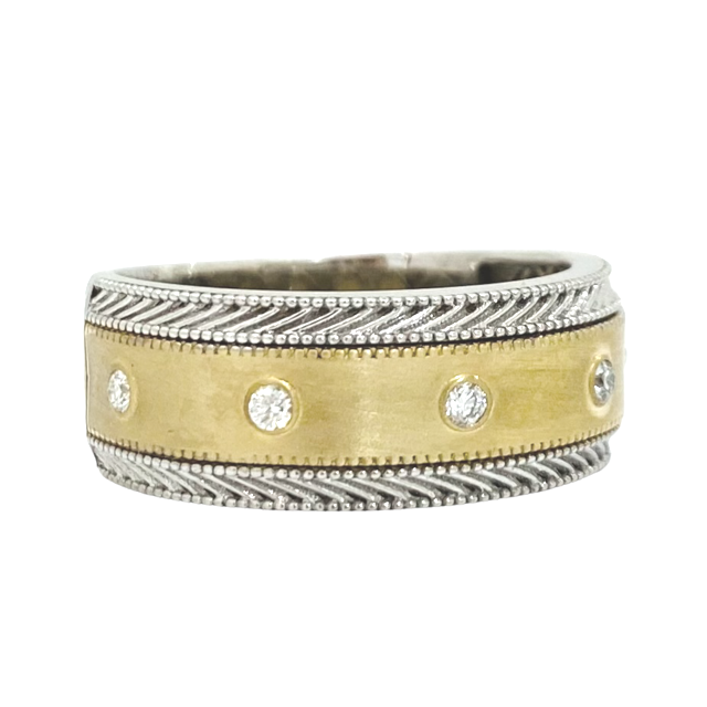 Two-tone brushed gold band with wheat-pattern edges and flush-set diamonds