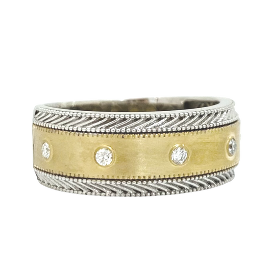 Two-tone brushed gold band with wheat-pattern edges and flush-set diamonds