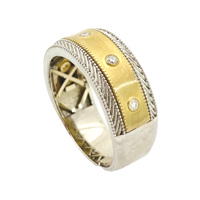 Two-tone wheat-pattern gold band with flush-set diamonds, angled view