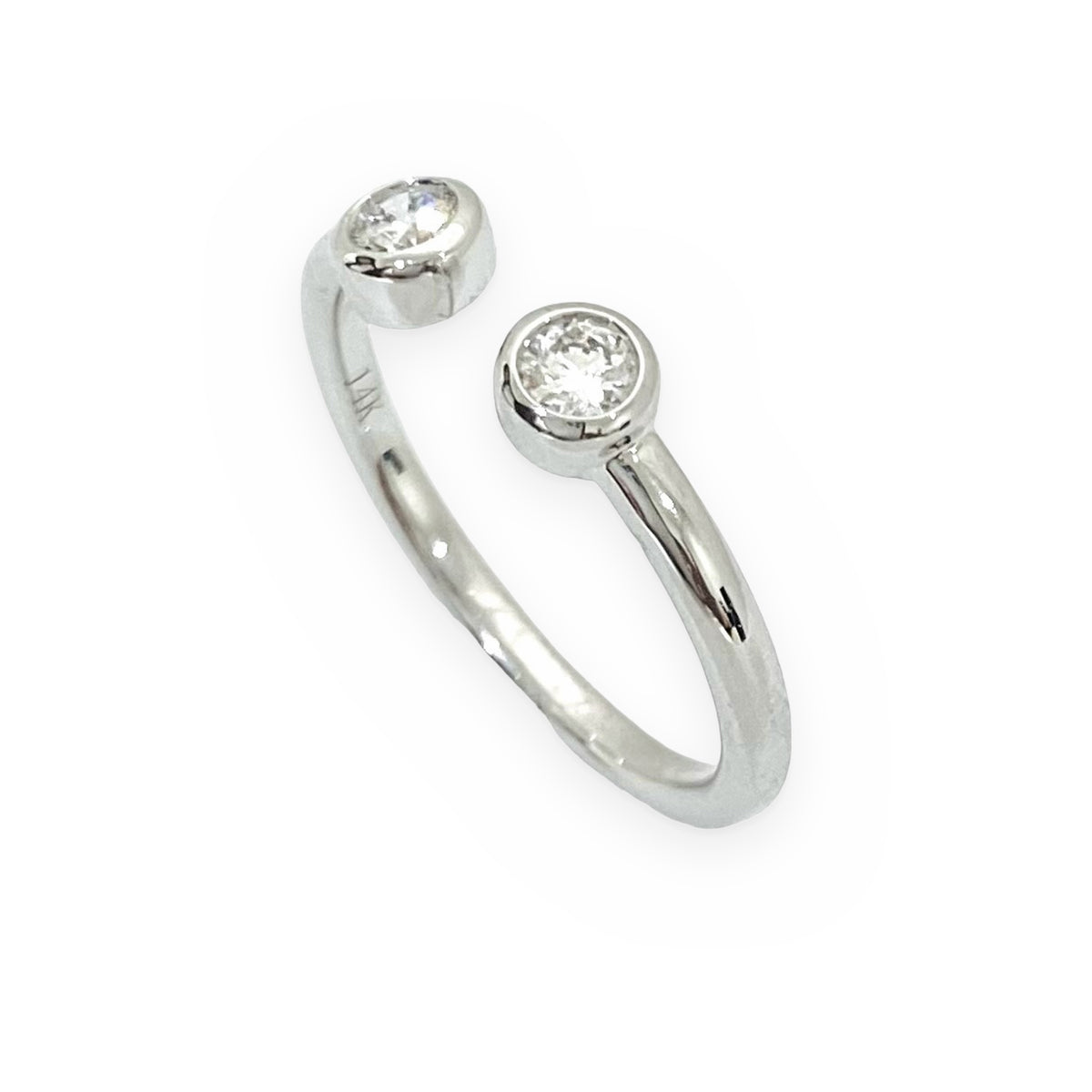 14K white gold open-cuff two-diamond ring, angled view