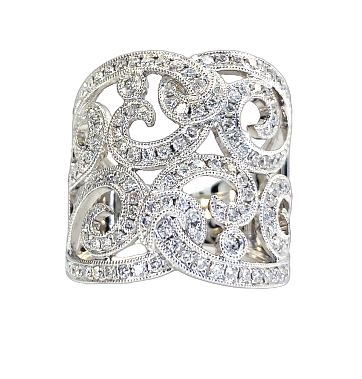 White gold wide diamond band with openwork scroll filigree