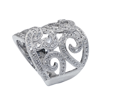 White gold openwork scroll diamond band, front view
