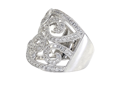 White gold openwork scroll diamond band, angled view