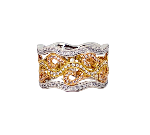 Tri-color gold wavy diamond band with scroll filigree