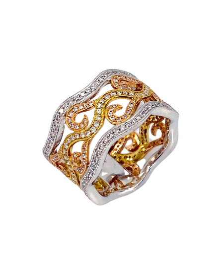 Tri-color gold wavy diamond filigree band, angled view