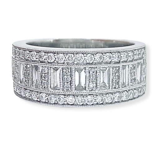 White gold wide band with baguette center row and pave borders, front view