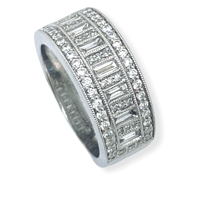 White gold wide band with baguette center row and pave borders