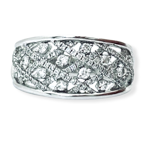 White gold wide band with lattice-set diamonds in a diamond pattern