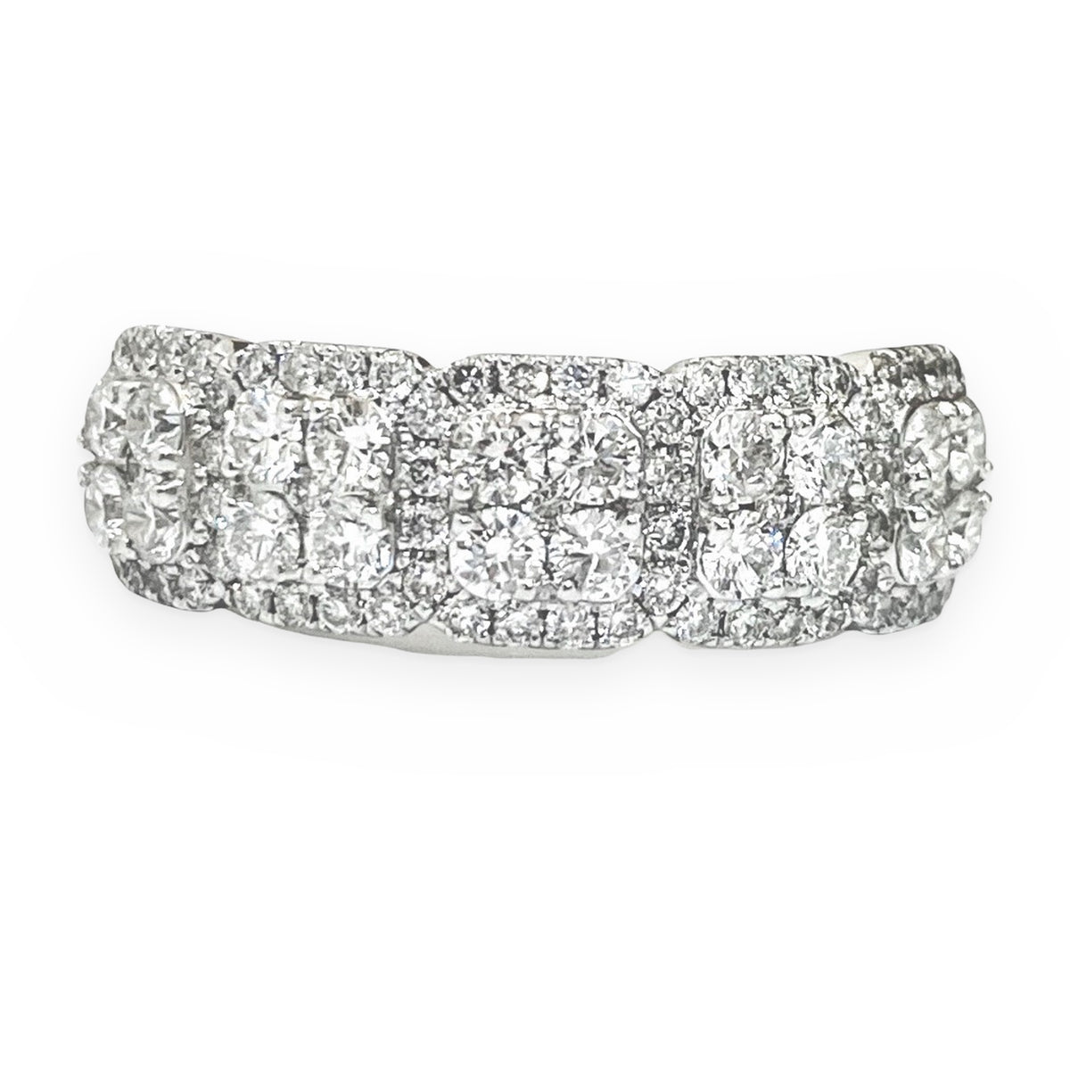 White gold diamond cluster band with cushion-shaped pave sections