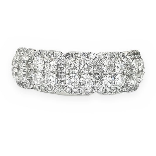 White gold diamond cluster band with cushion-shaped pave sections
