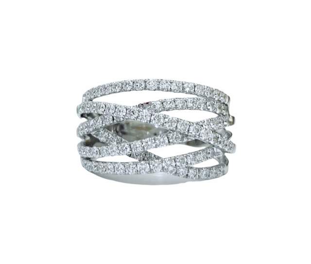 White gold multi-row diamond crossover band ring