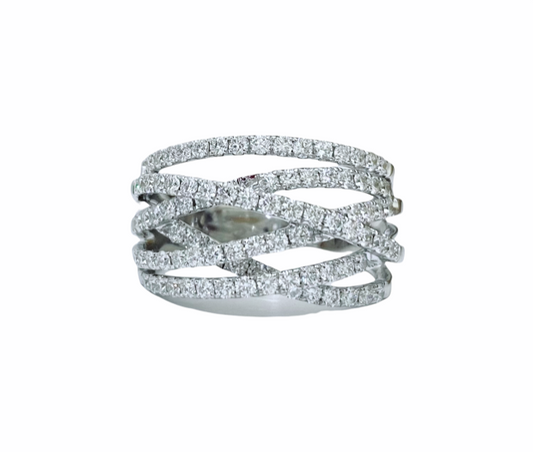 White gold multi-row diamond crossover band ring