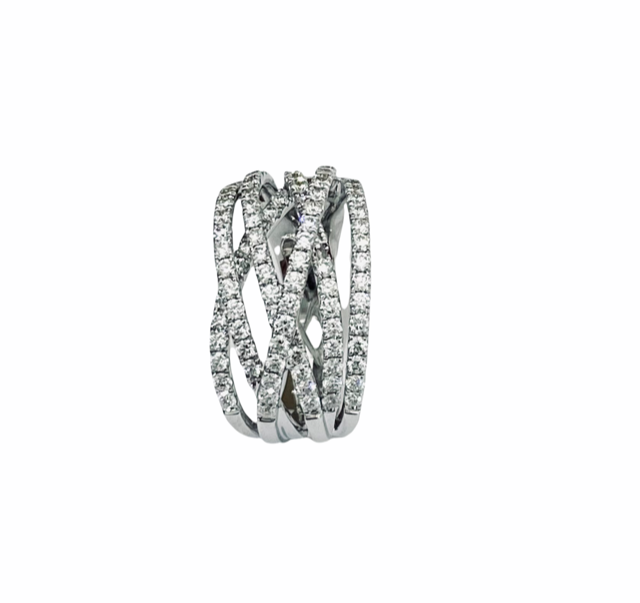 White gold woven diamond band ring, angled view