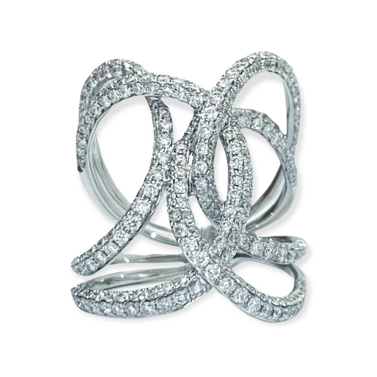 White gold wide openwork diamond swirl cocktail ring