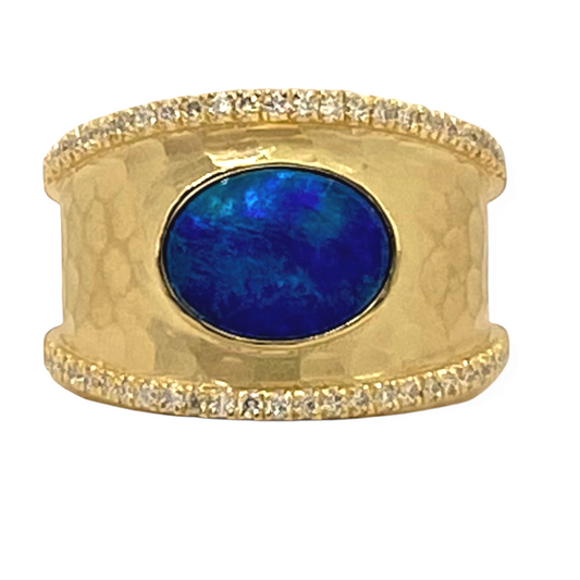 18K yellow gold wide band with oval blue opal and diamond borders