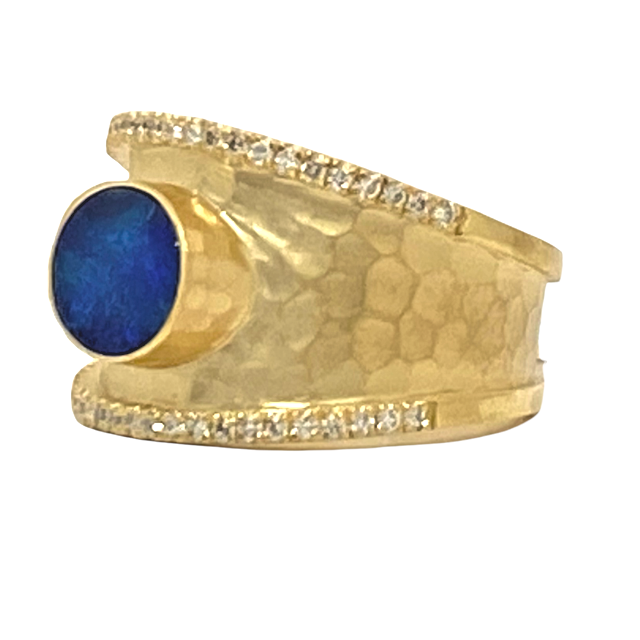 18K yellow gold opal and diamond wide band, angled side view