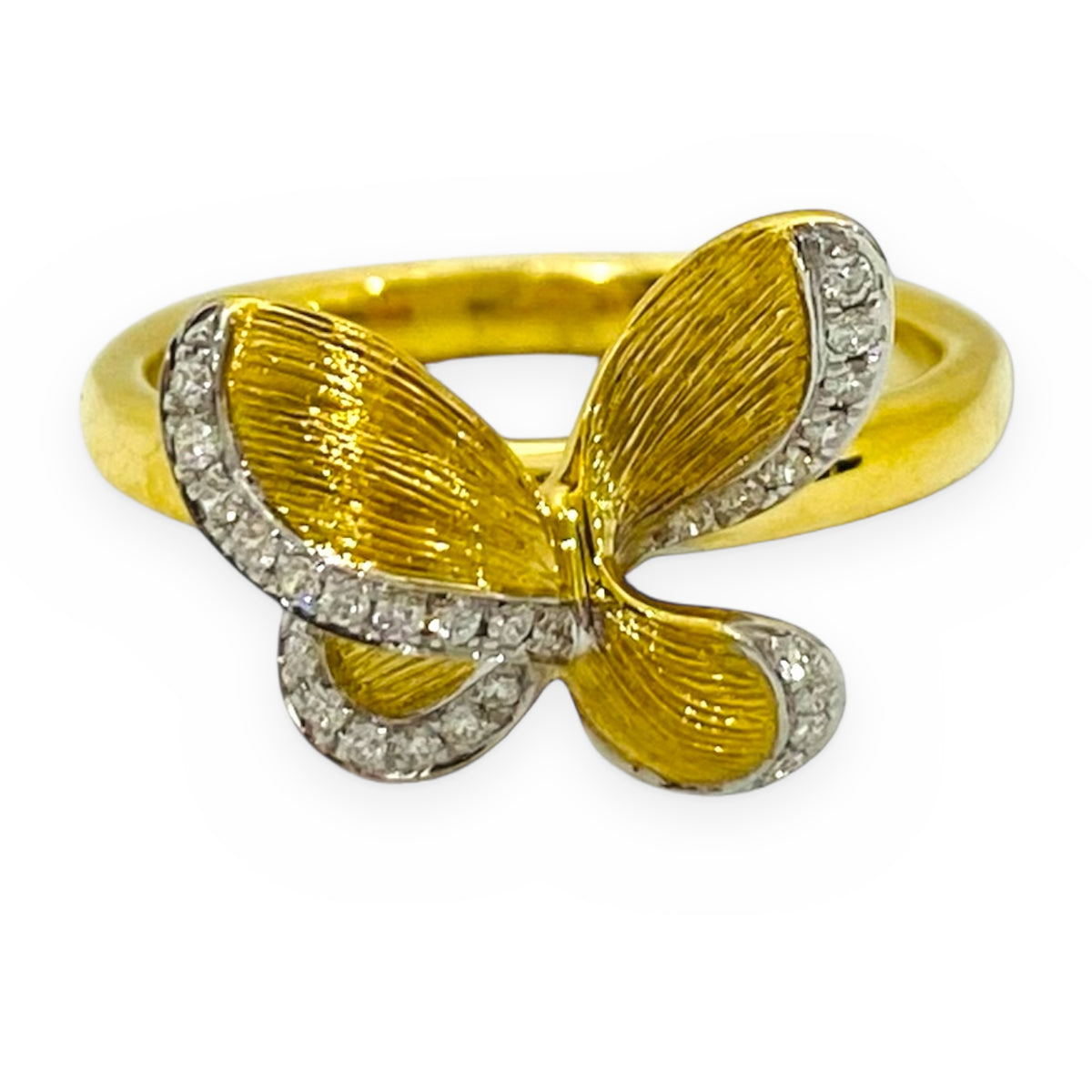 Two-tone gold diamond butterfly ring, angled view