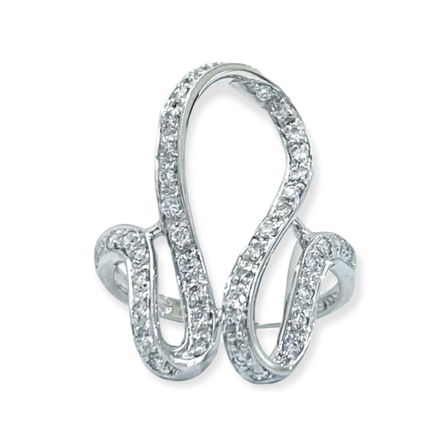 White gold openwork diamond swirl ring, face-up