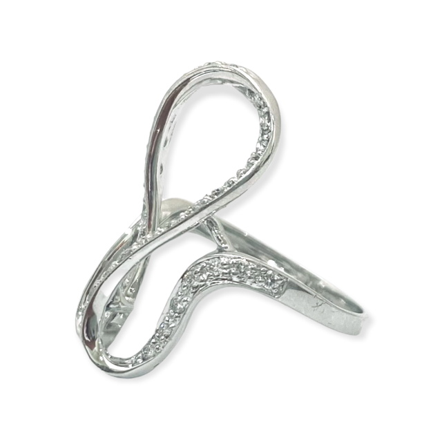 White gold diamond swirl ring, angled view