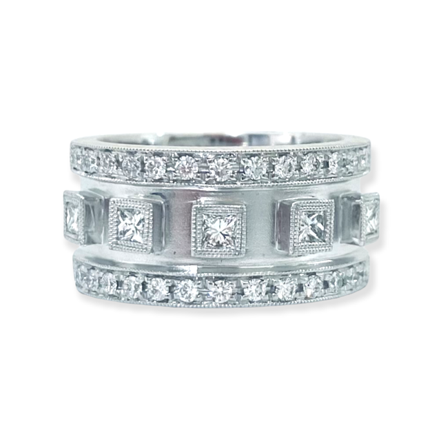 White gold wide band with princess-cut diamonds and round diamond edges