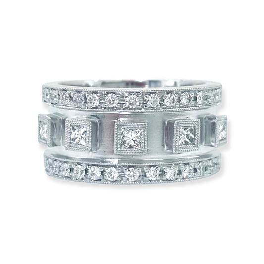 White gold wide band with princess-cut diamonds and round diamond edges