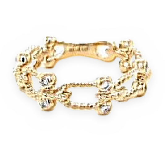 Yellow gold beaded link band ring with bezel-set diamond accents