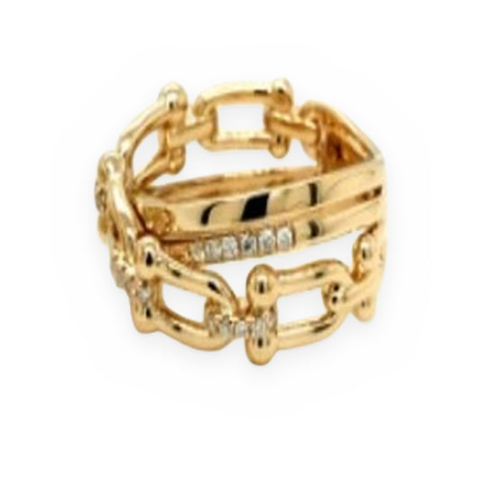 Yellow gold rectangular link chain band ring with diamond accents