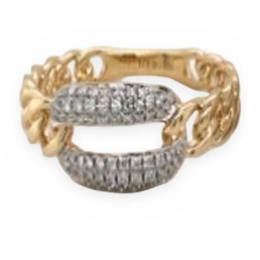 Two-tone gold curb link ring with pave diamond links