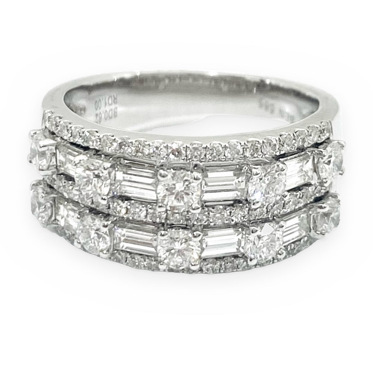 White gold wide band with baguette and round diamond rows, engraved 1.00ct