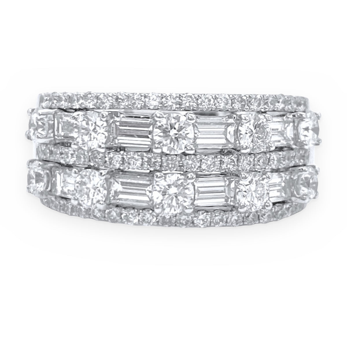 White gold baguette and round diamond wide band, face-up