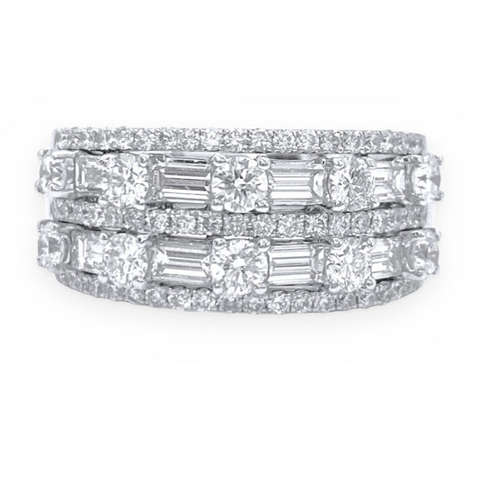 White gold baguette and round diamond wide band, face-up