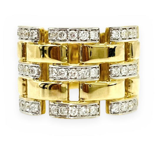 Two-tone gold panther link wide band with pave diamond links