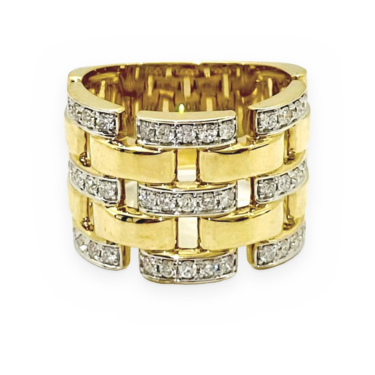 Two-tone gold panther link diamond wide band, face-up