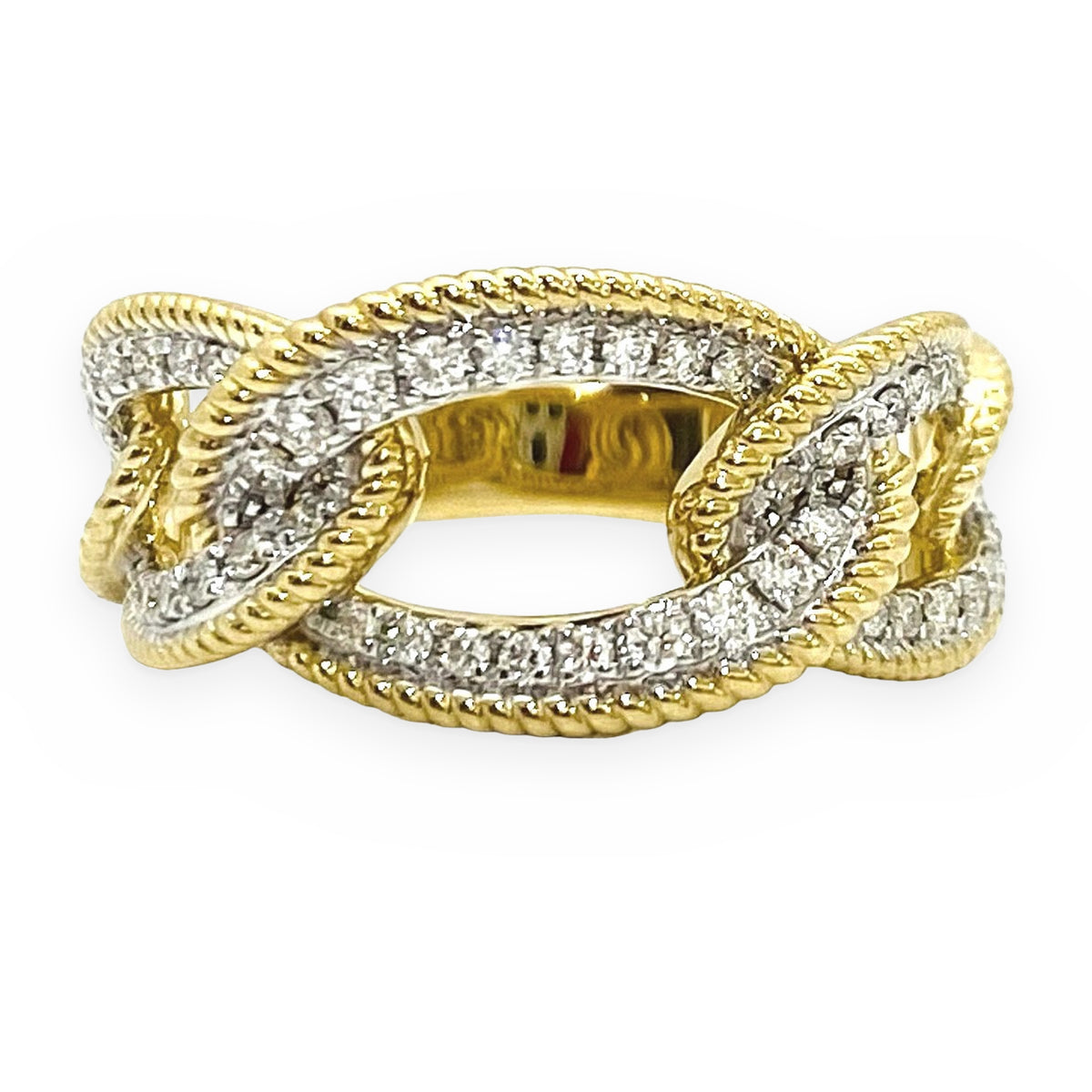 Two-tone gold rope-edged diamond curb link band ring